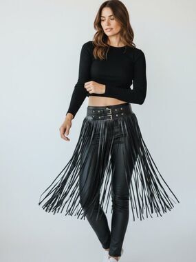 Black Leather Double Buckle Long  Fringe Belt NWT